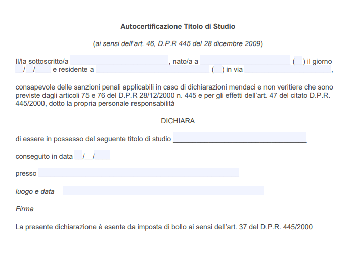 Autocertificazione Titolo di Studio