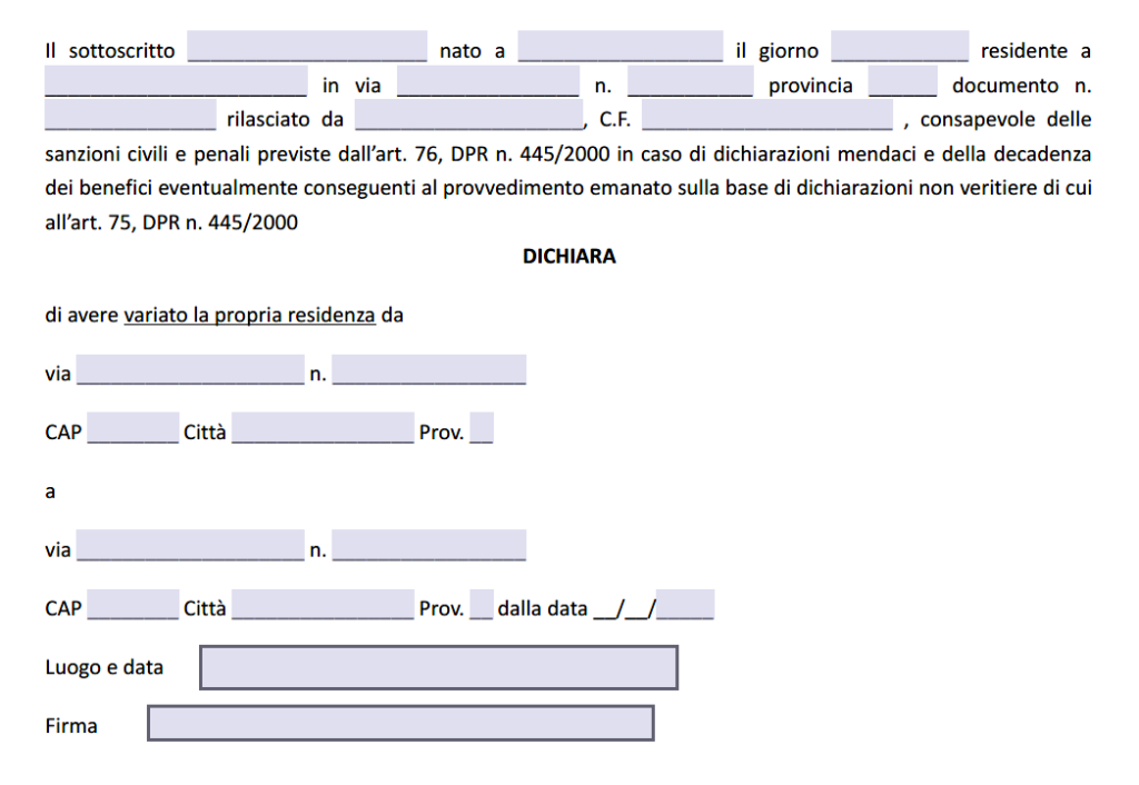 Autocertificazione Cambio di Residenza