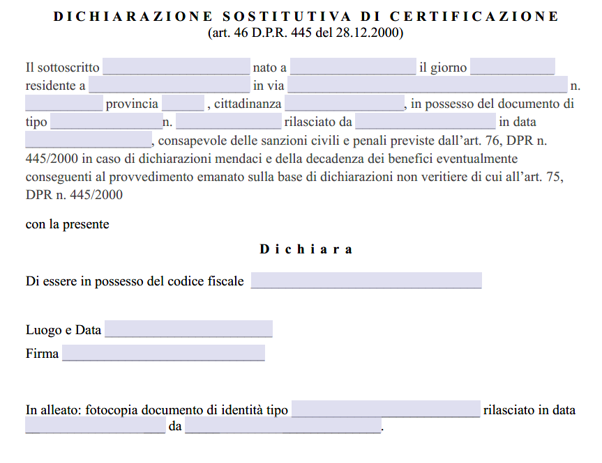 Modulo Autocertificazione Codice Fiscale