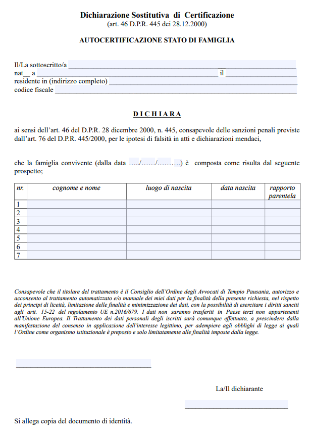 Autocertificazione Stato di Famiglia