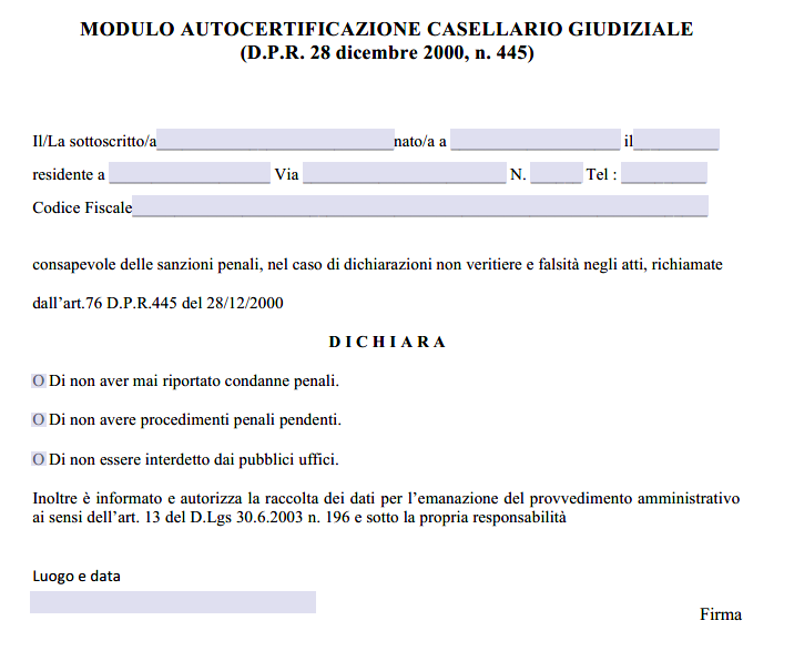 Modulo Autocertificazione Casellario Giudiziale