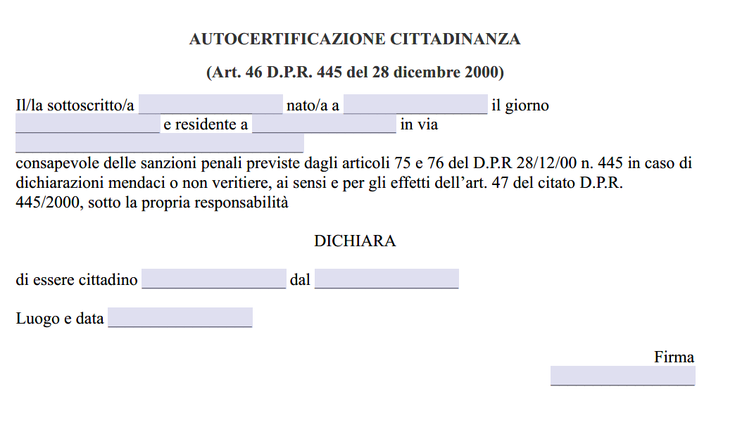 Autocertificazione di Cittadinanza Italiana