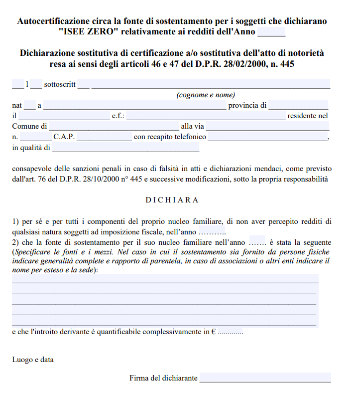 Modulo Autocertificazione Reddito Zero