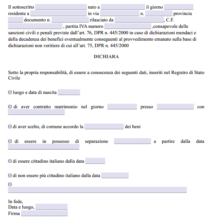 Modulo Autocertificazione Stato Civile