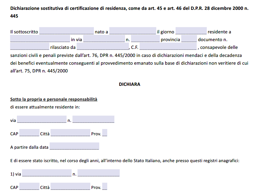 Modulo Autocertificazione Residenza Storica