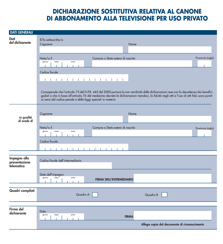 Modello Autocertificazione Canone Rai