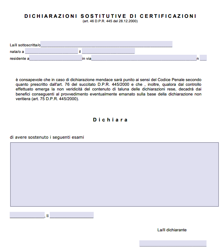 Modulo Autocertificazione Esami Sostenuti