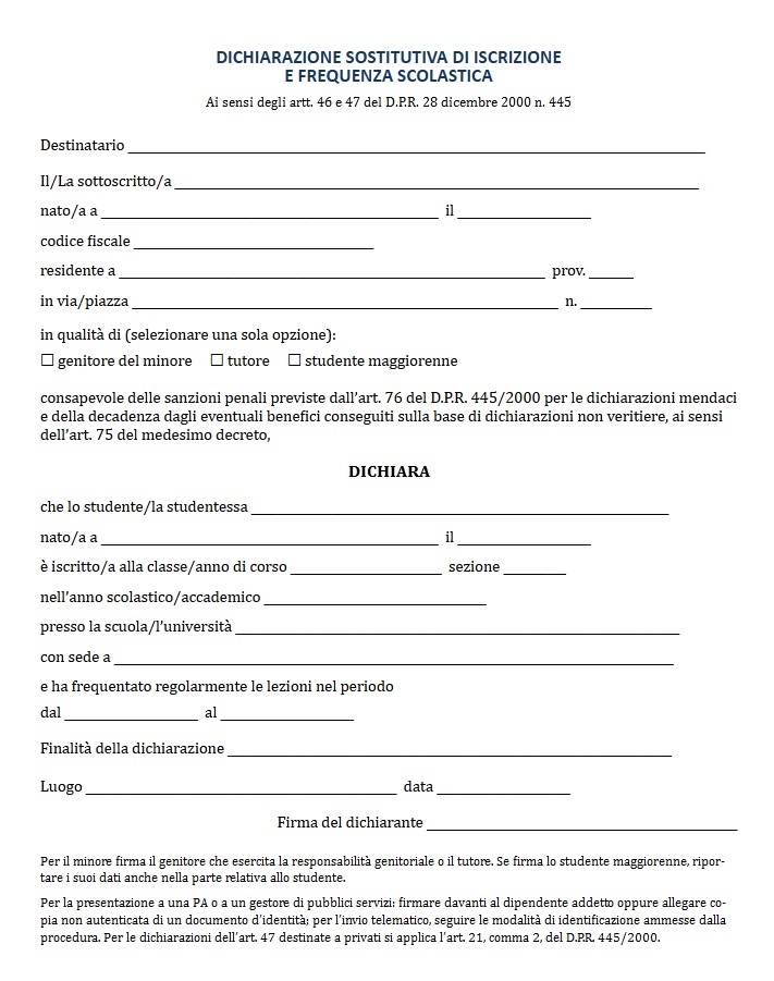 Modello Autocertificazione Frequenza Scolastica