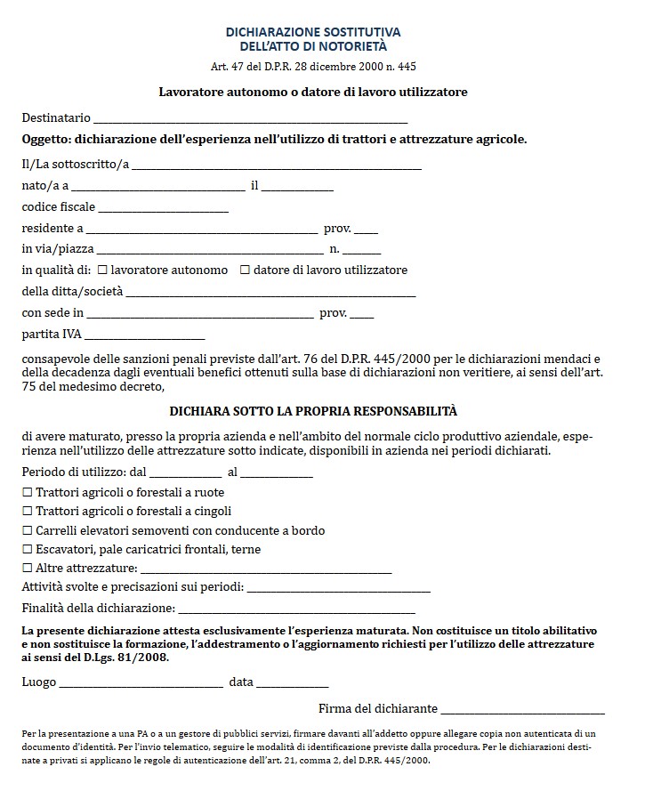 Modello Autocertificazione Patentino Trattore