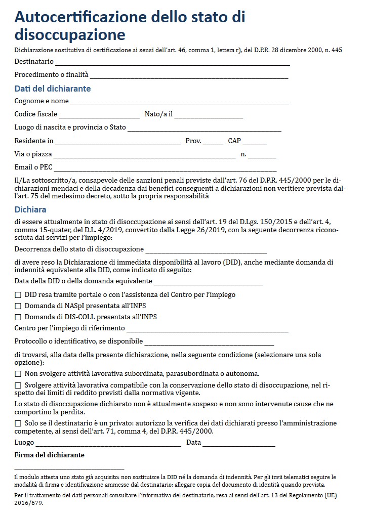 Autocertificazione Disoccupazione Word e PDF