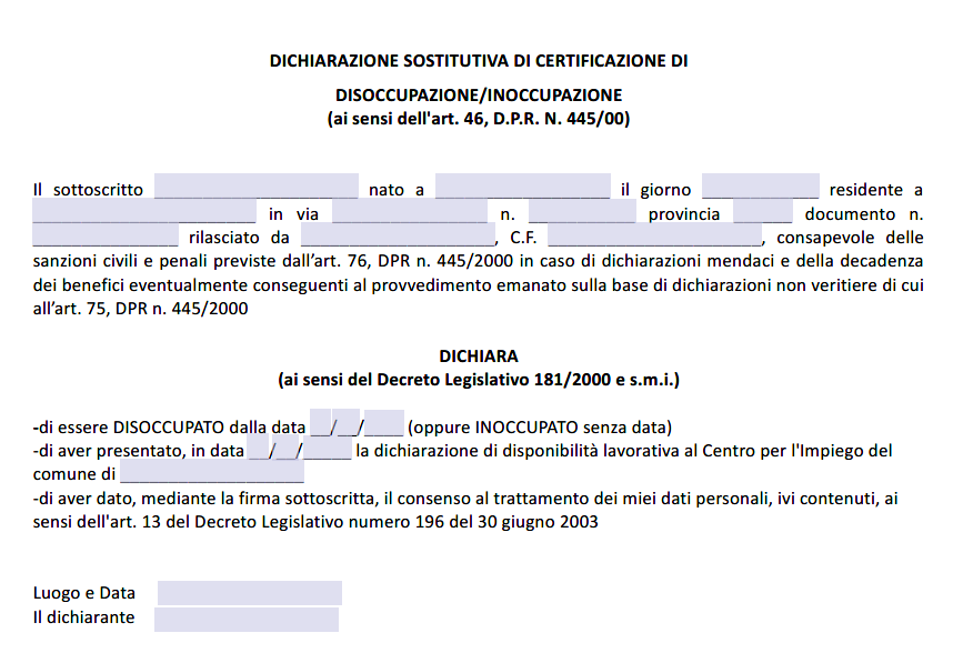 Autocertificazione Disoccupazione