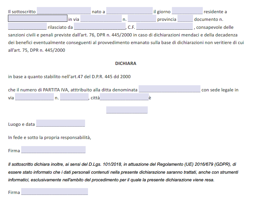 Modulo Autocertificazione Partita IVA