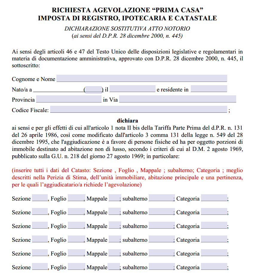 Modulo Autocertificazione Prima Casa