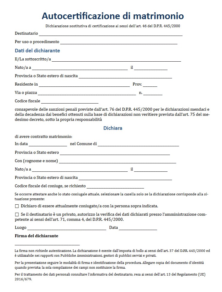 Modulo Autocertificazione di Matrimonio