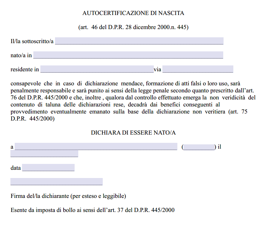 Modulo autocertificazione di nascita