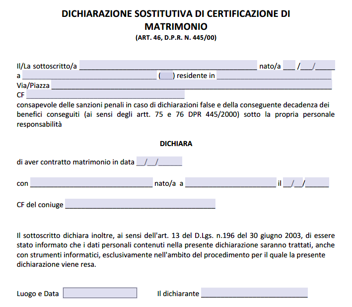 Modulo Autocertificazione di Matrimonio