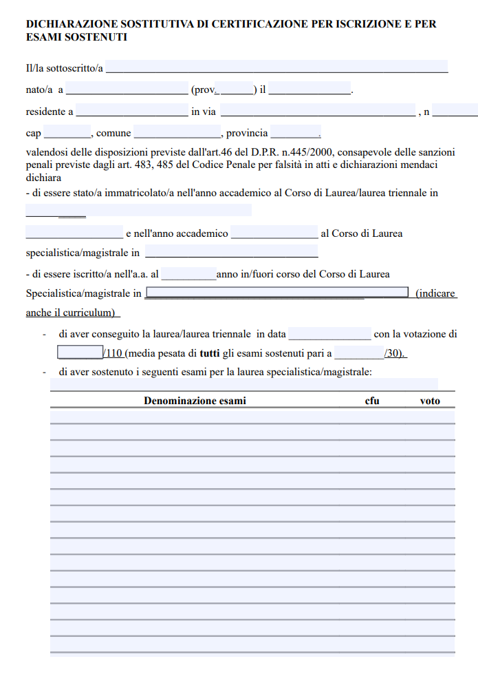 Modulo Autocertificazione Iscrizione Università