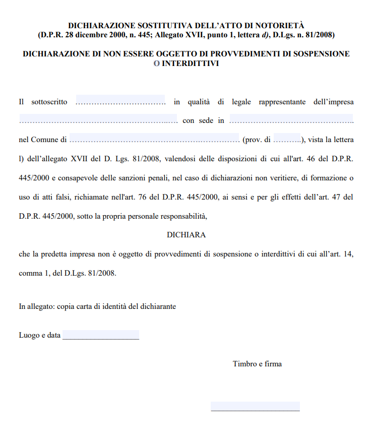 Modulo Dichiarazione Art 14 Dlgs 81/08