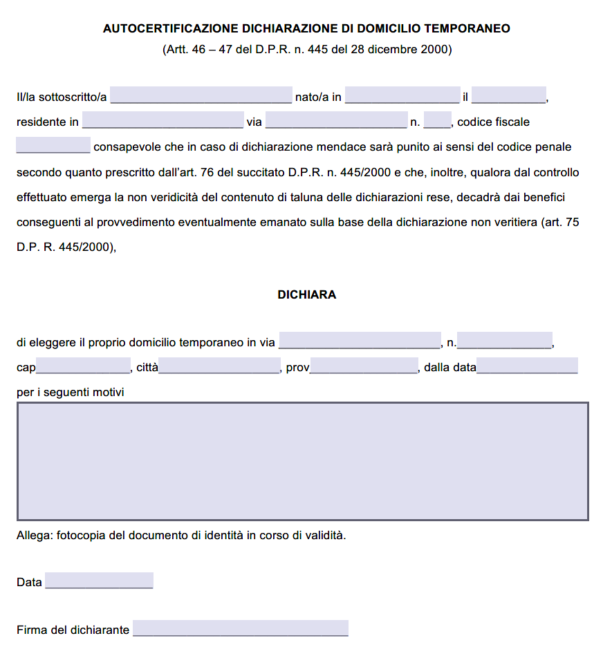 Autocertificazione di Domicilio Temporaneo
