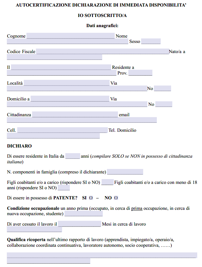 Autocertificazione di Disponibilità al Lavoro
