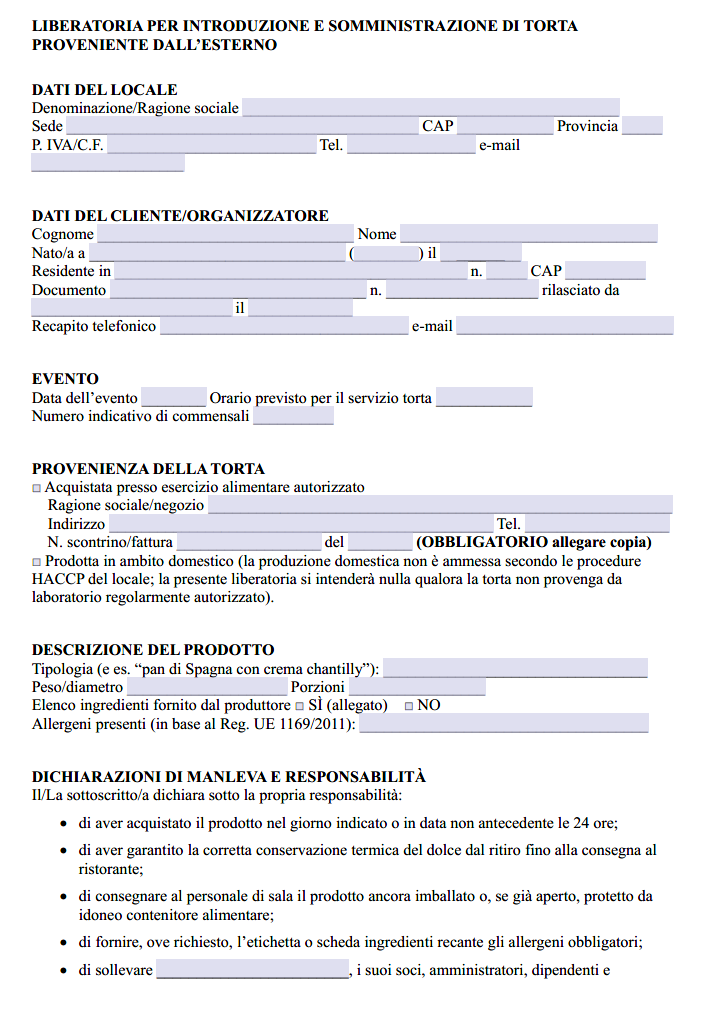 Modulo Autocertificazione Torta Ristorante