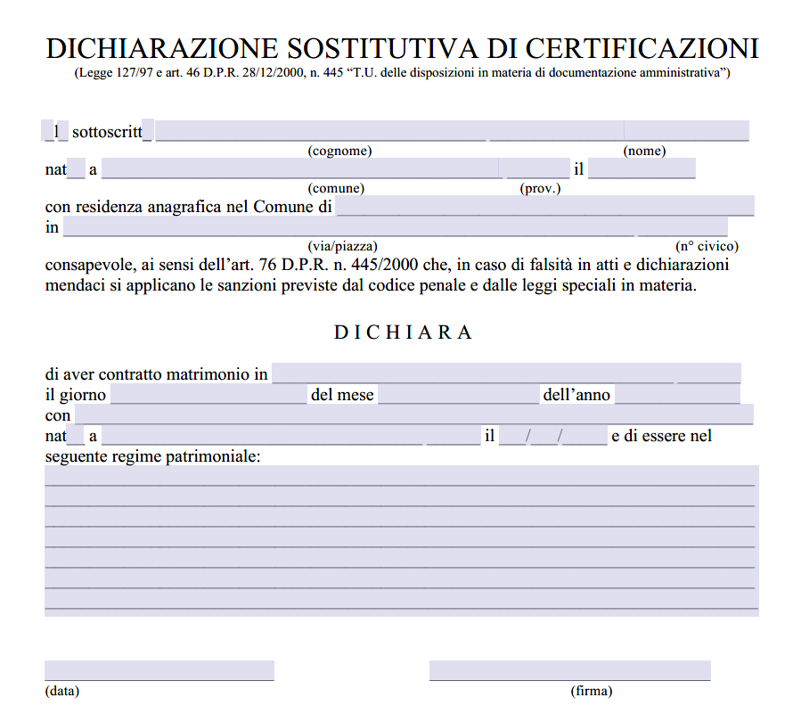 Modulo Autocertificazione Estratto di Matrimonio con Rogito