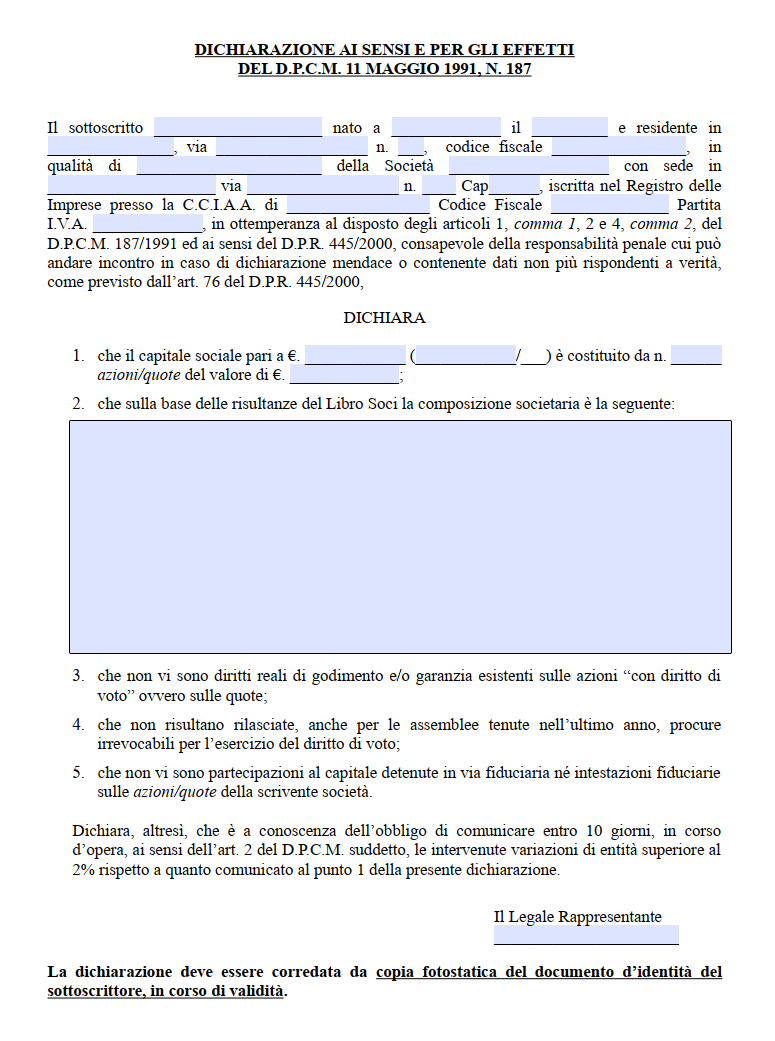Modulo Dichiarazione Composizione Societaria Dpcm 18/ 91