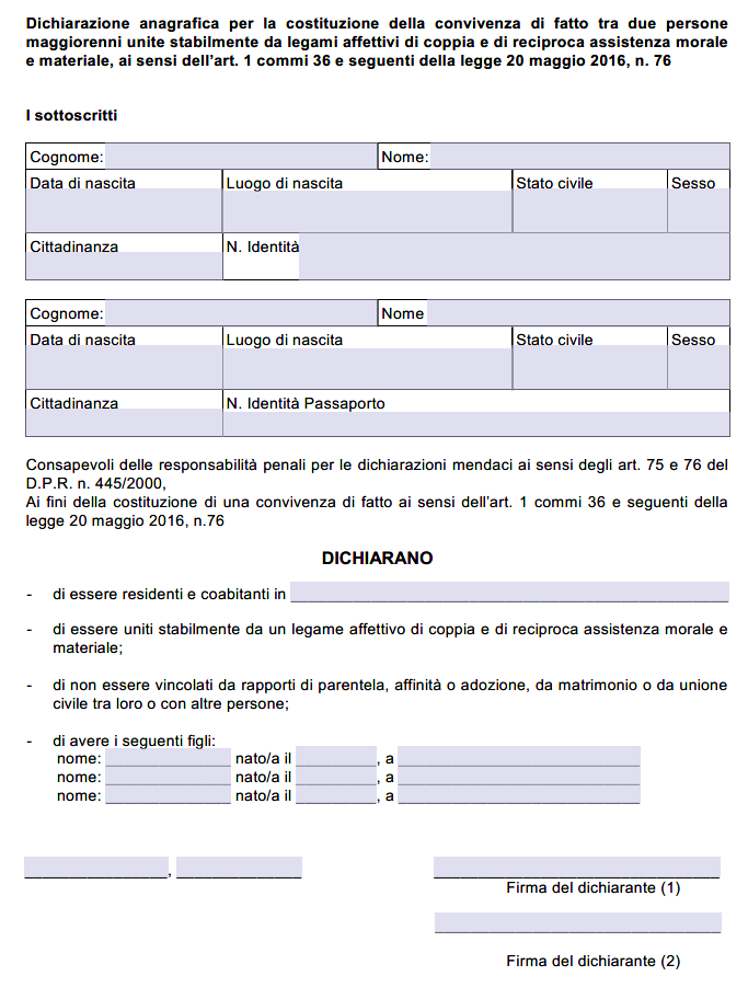 Autocertificazione Convivente di Fatto