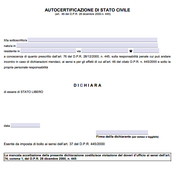 Autocertificazione Stato Libero per Rogito