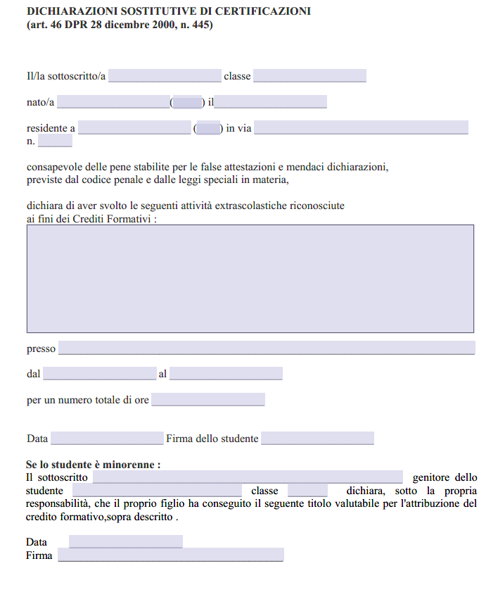 Autocertificazione per Crediti Scolastici