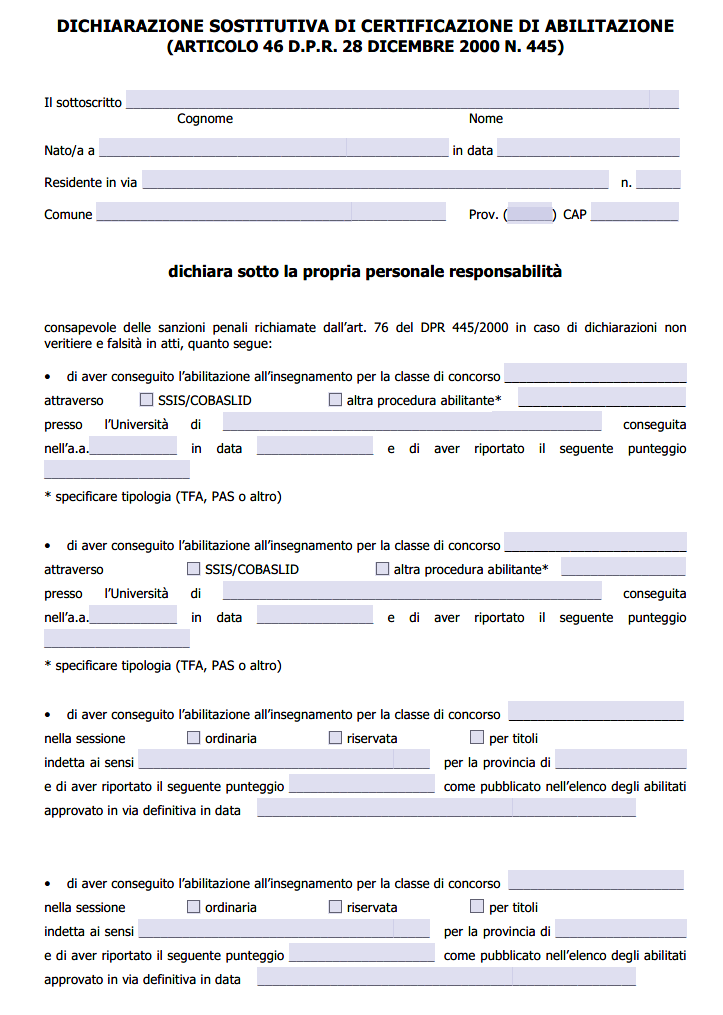 Modulo Autocertificazione Abilitazione Insegnamento