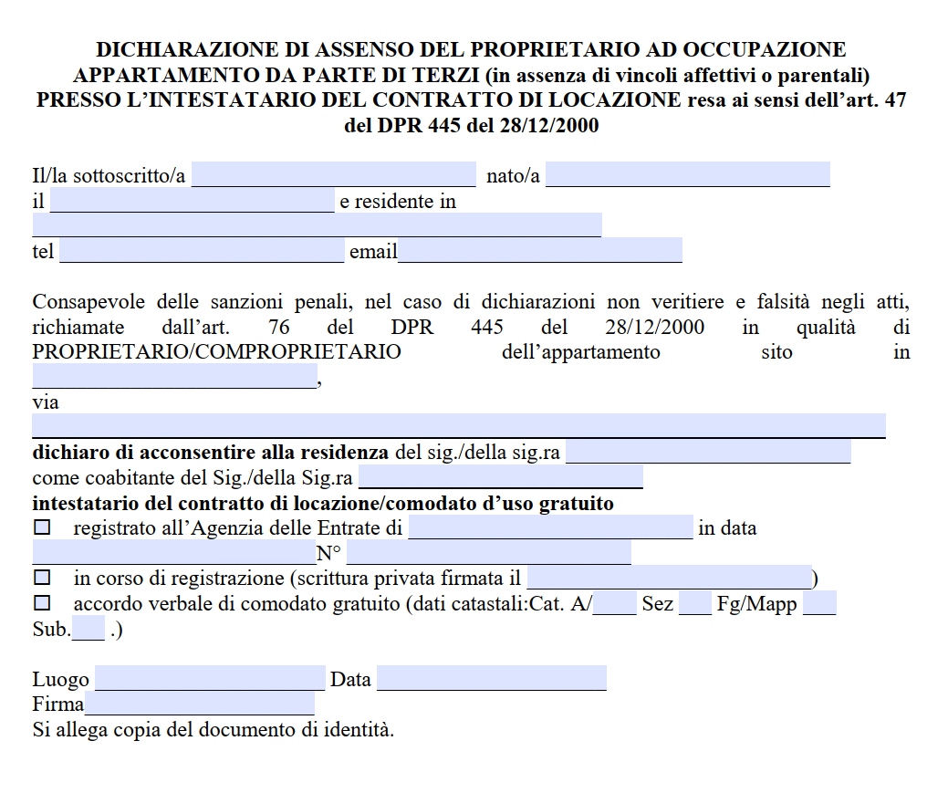Dichiarazione Di Assenso Del Proprietario Per Residenza
