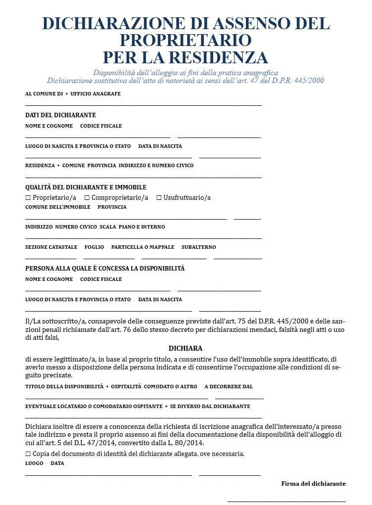 Dichiarazione di Assenso del Proprietario per Residenza Word e PDF
